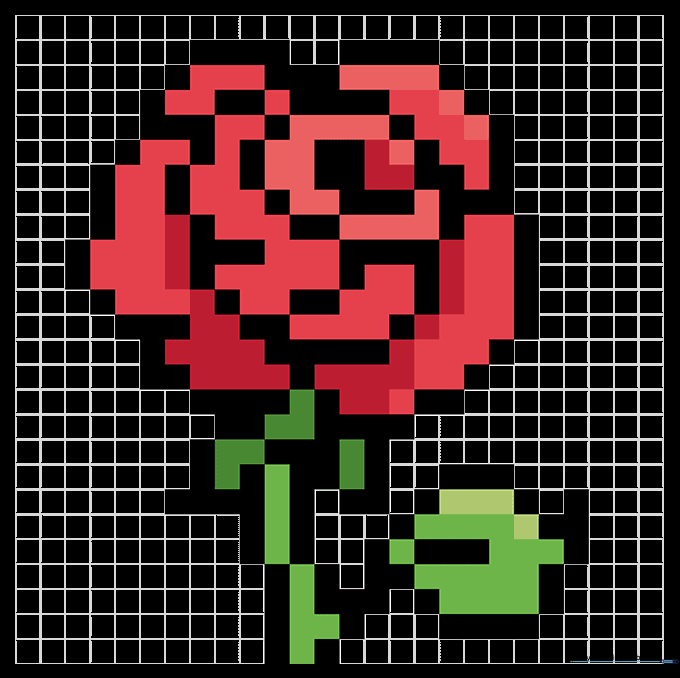 The completed, fully colored pixel art rose on graph paper.