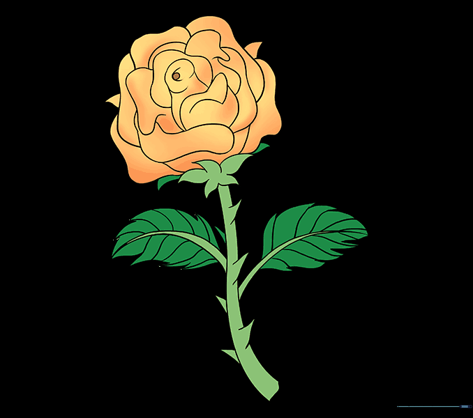 A fully colored and shaded rose with a stem.