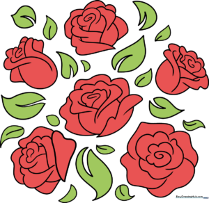 A vibrant, finished rose doodle illustration featuring multiple blooming roses and leaves.