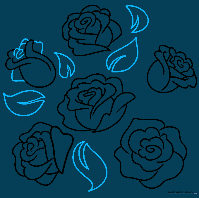 Adding leaves with V-shaped veins around the rose flowers.