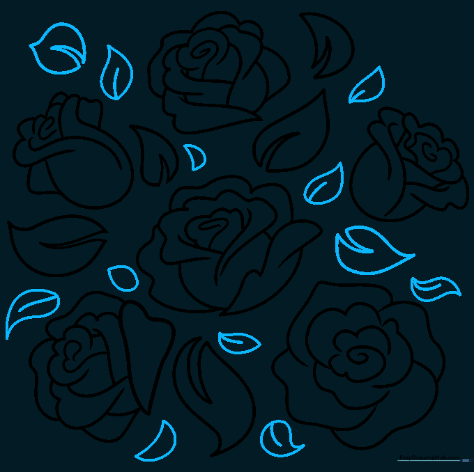 Completed line art of a rose bush with multiple flowers and leaves.