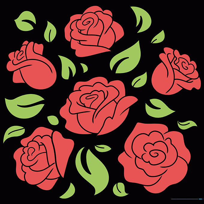 The finished rose doodle fully colored with red flowers and green leaves.
