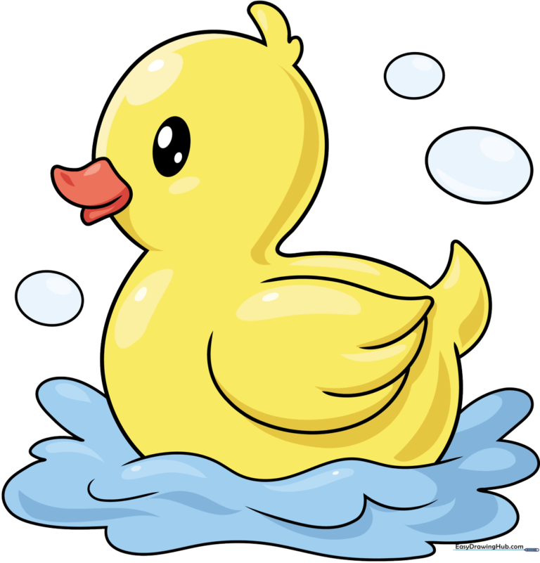 A bright, cheerful rubber duck floating in water with bubbles, ready for coloring.