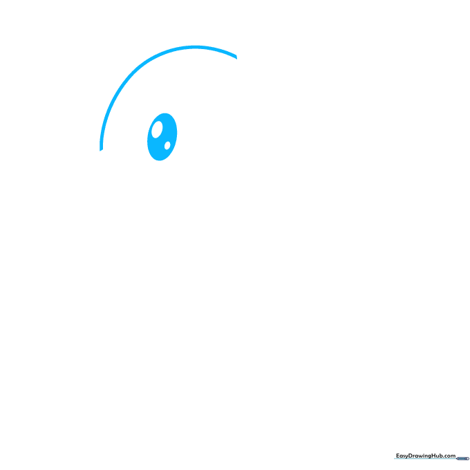 Pencil sketch showing the top curve of a rubber duck head and a detailed eye with pupil.