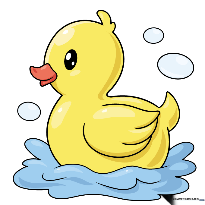 The finished rubber duck drawing, colored in bright yellow and orange.
