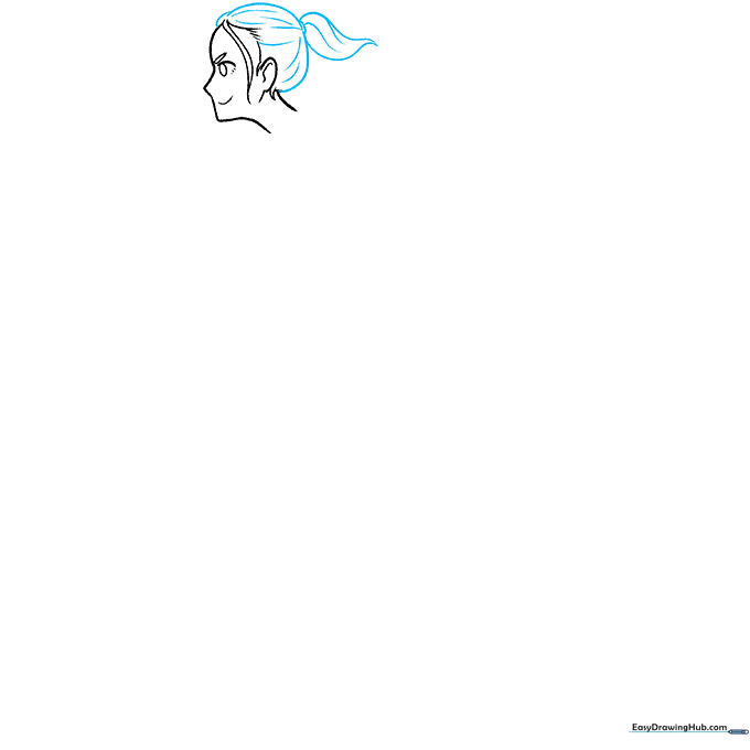 Sketch of an anime girl's head showing the addition of a ponytail and hair texture.