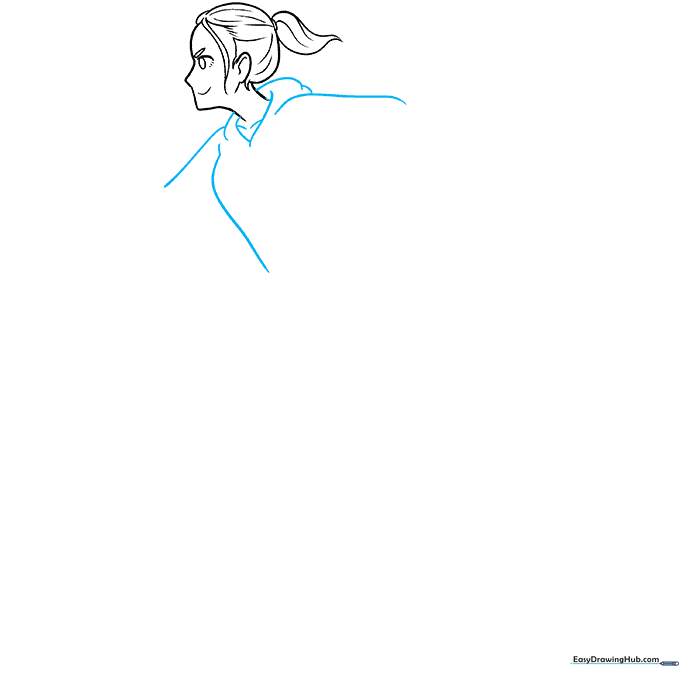 Drawing the upper torso and hoodie of the running anime girl.