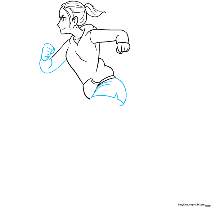 Sketching the arms in a running position and the shorts.