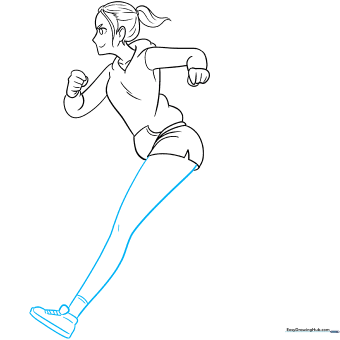 Drawing the first leg in a running stride with a sock and shoe.