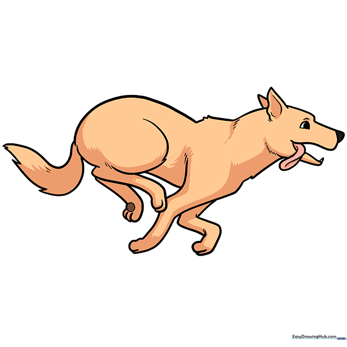 The finished, colored drawing of a running dog.
