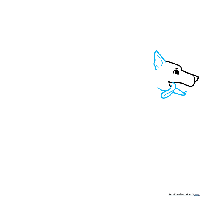 Drawing the dog's ear and open mouth with a tongue and small tooth visible.