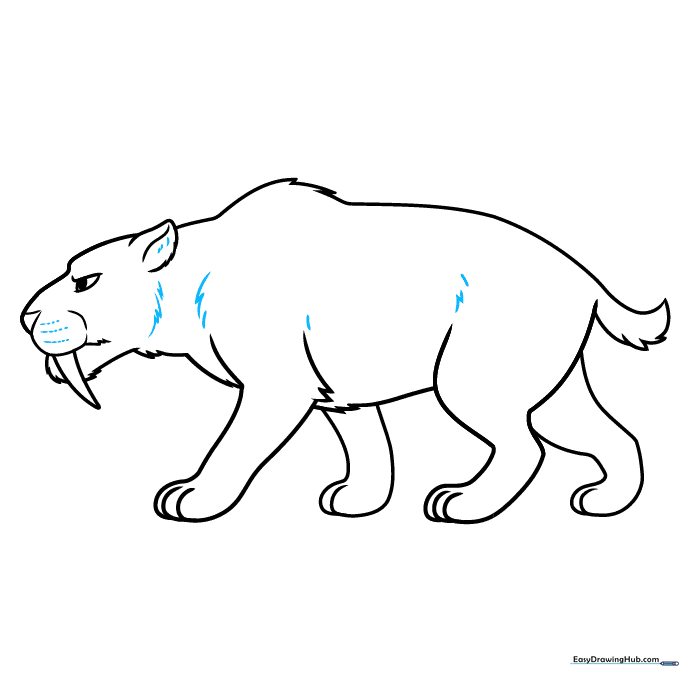 Adding final fur texture and whisker dots to the Smilodon face