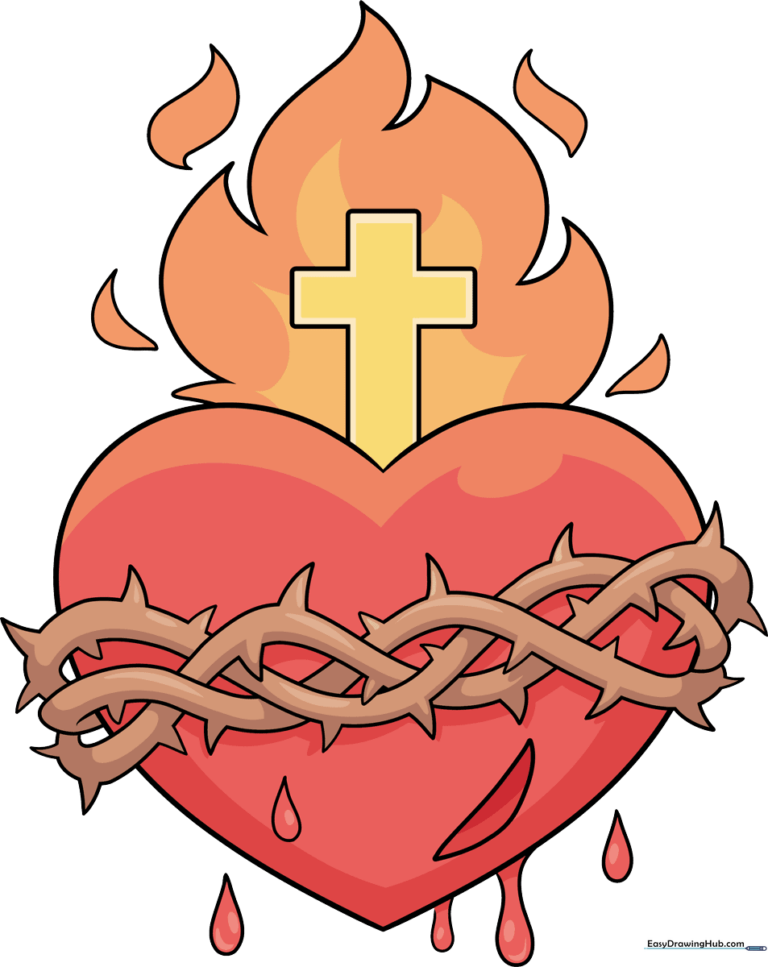 A vibrant, finished Sacred Heart illustration with flames and thorns, ready for inspiration.