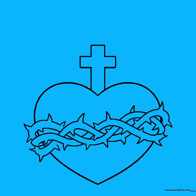 Curved, flame-like shapes drawn rising from the top of the cross.