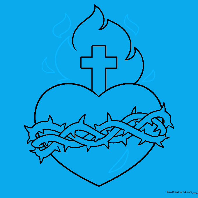 Additional flame layers added around the cross and a small decorative shape at the base of the heart.