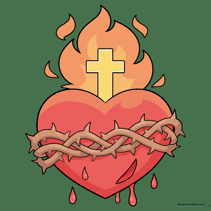 Fully colored Sacred Heart drawing featuring red, orange, and yellow tones with brown thorns.