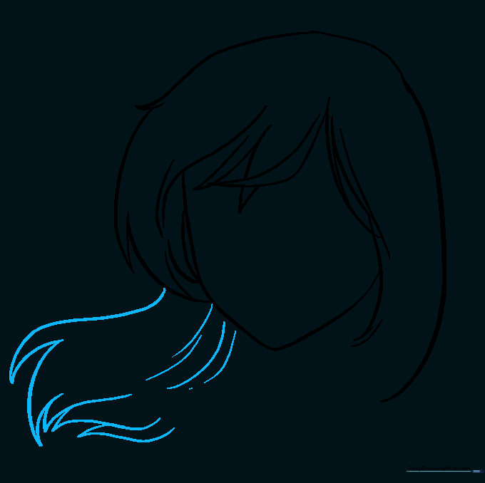 Adding flowing, wind-blown hair strands to the anime character sketch