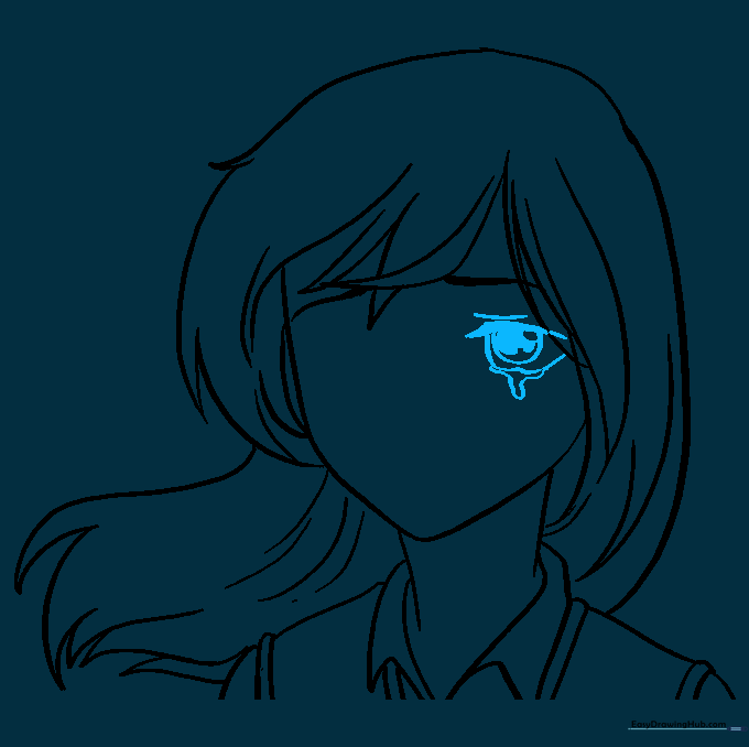 Detailed drawing of a single anime eye with a tear and pupil reflection