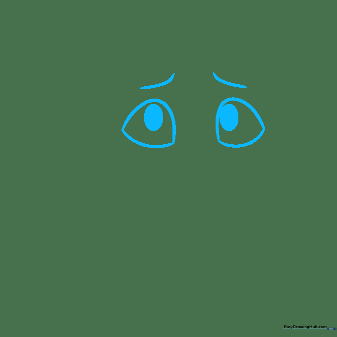 Close-up of two sad cat eyes with furrowed brows drawn in pencil on white paper.