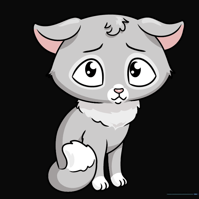 A finished, colored cartoon sad cat with gray fur and pink nose details.