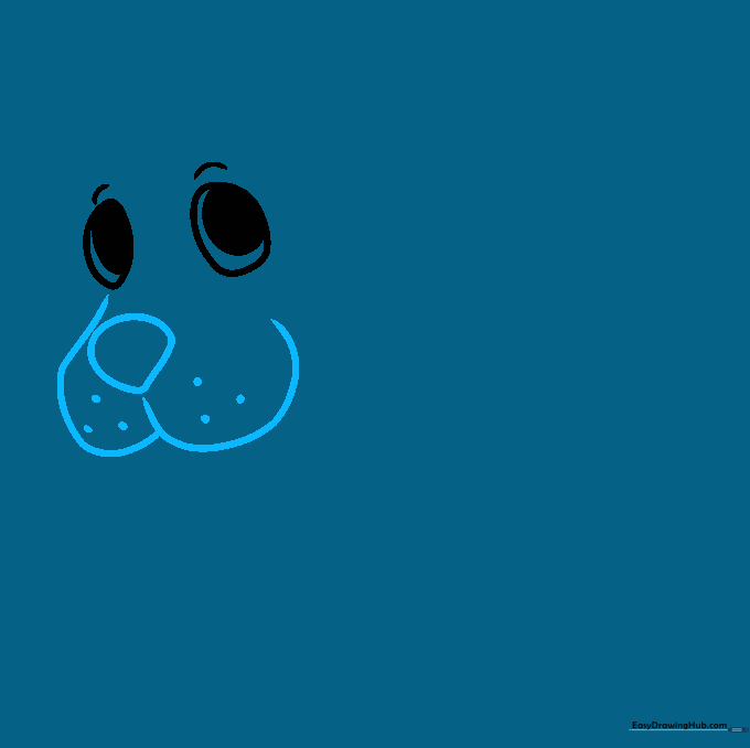Drawing the puppy's snout with a W-shaped mouth and a small nose with whisker dots.