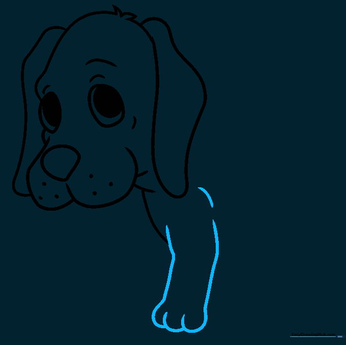 Drawing the puppy's front leg with defined, overlapping toes.