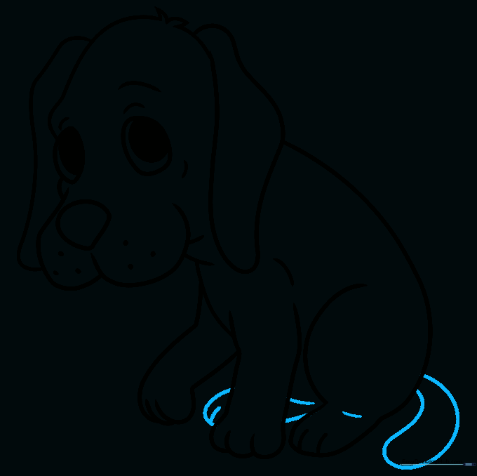 Drawing the final rear leg and a drooping tail on the puppy.