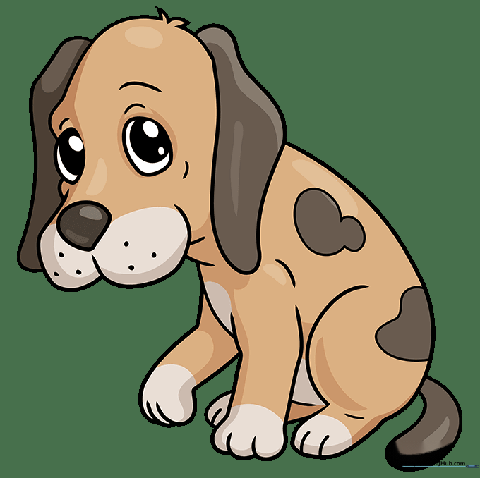 The finished, colored drawing of a sad puppy with brown fur and spots.