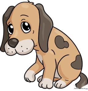 A cute, finished cartoon drawing of a sad puppy with floppy ears.