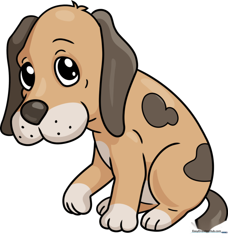 A cute, finished cartoon drawing of a sad puppy with floppy ears.