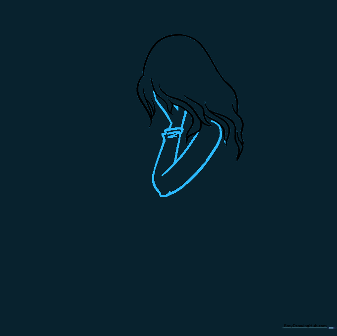 Drawing of a bent arm with sleeve details and a hand resting near the hair.