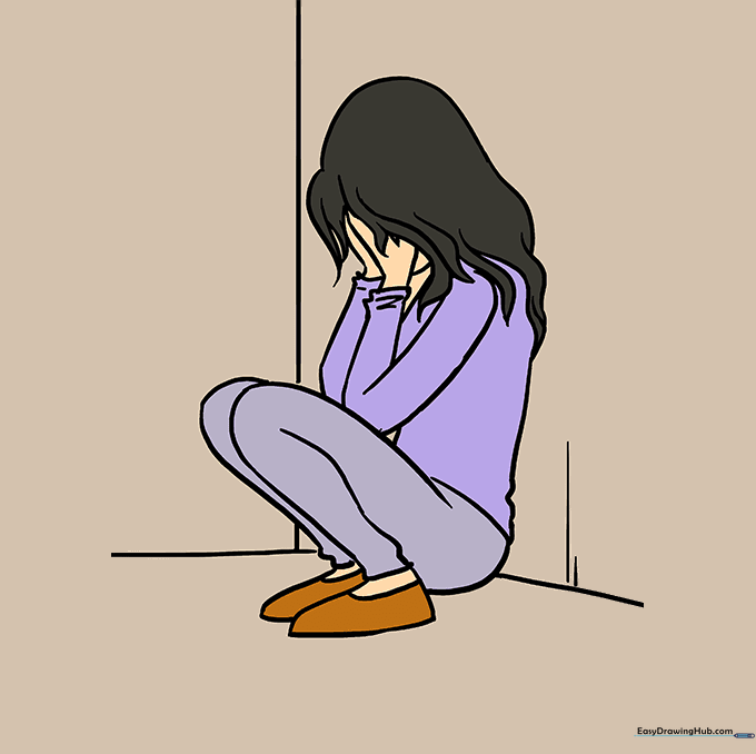 A fully colored illustration of a girl sitting in a room, showing expressive colors.
