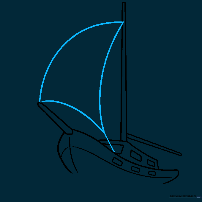 Sketching the triangular jib sail at the front of the mast.