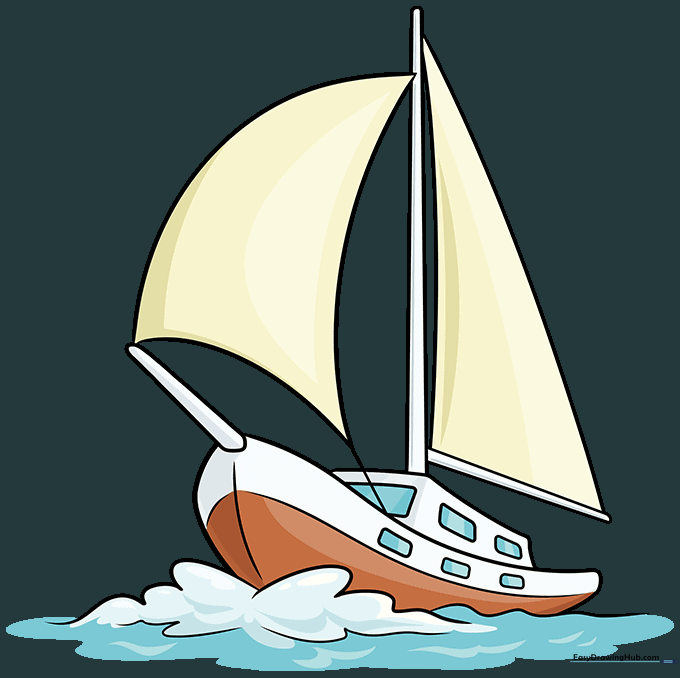 A fully colored cartoon sailboat on the water.