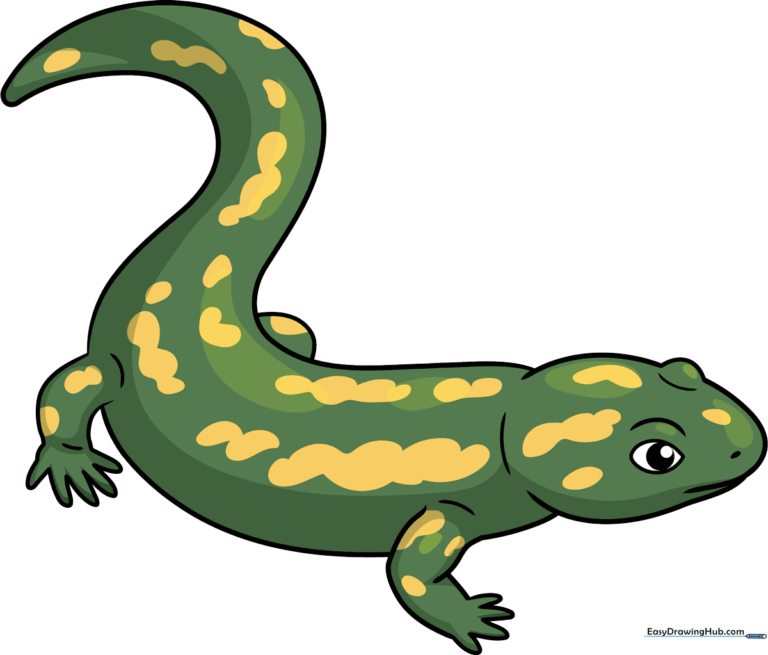 A vibrant, finished cartoon salamander illustration set against a clean background, showcasing the final result of the tutorial.