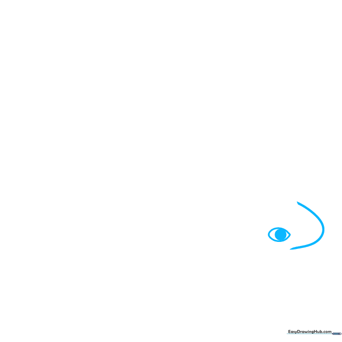 Pencil sketch showing the initial curved head outline and a single teardrop-shaped eye of a cartoon salamander.