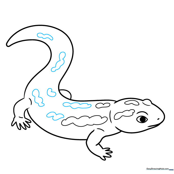 Continuing the spot pattern down the salamander's tail in two rows.