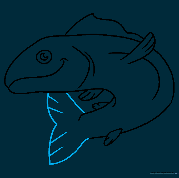 Finalizing the tail fin with a V-shape and texture lines.
