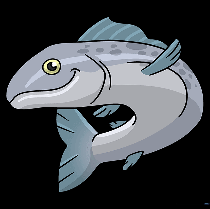 The completed, colored drawing of a salmon showing vibrant red and brown tones.