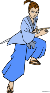 A finished, colored illustration of a samurai warrior standing in a ready pose.