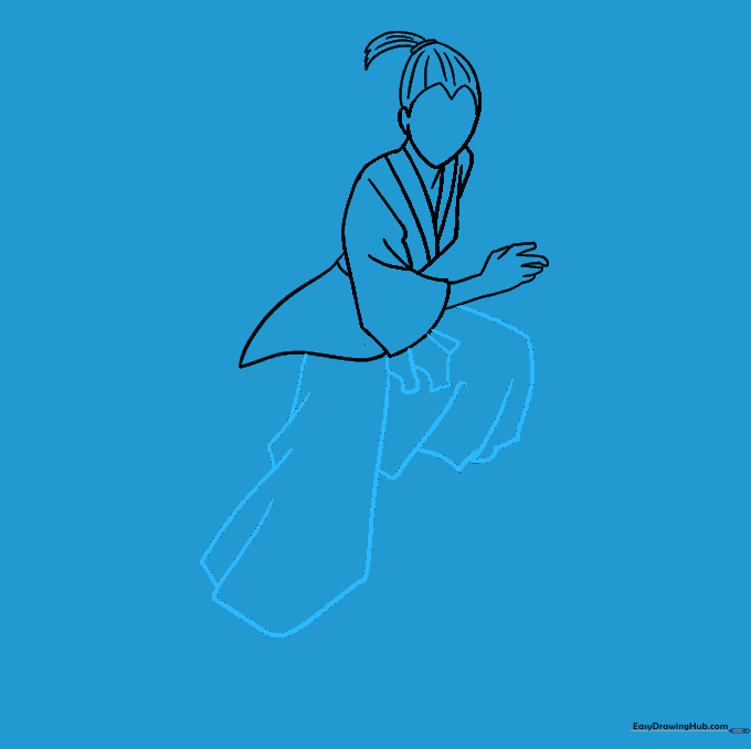 Sketching the wide, billowing pant legs of the samurai outfit.