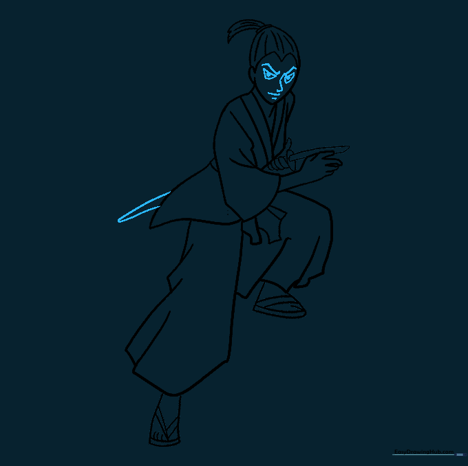 Adding the sword blade and facial features including anime-style eyes and mouth.