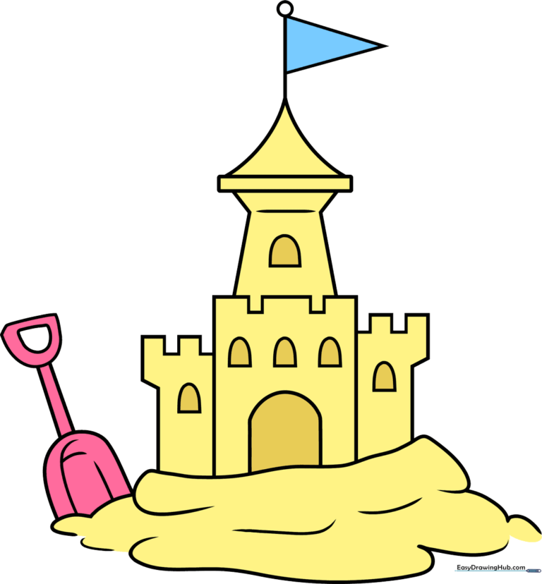 Colorful illustration of a completed sand castle on a beach.