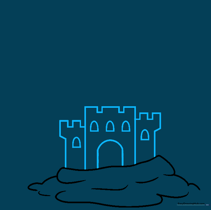 Drawing the vertical walls, watchtower, and arched doorway of the castle.