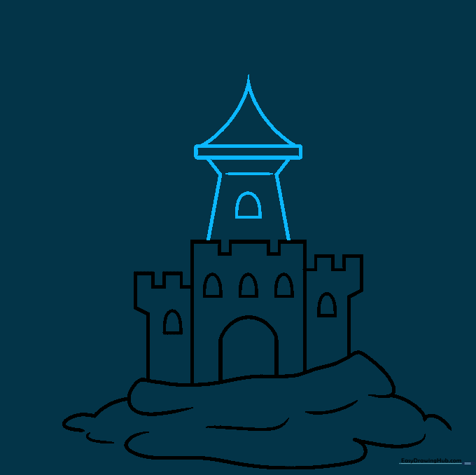 Adding a tall, tapering tower with a window to the top of the castle.