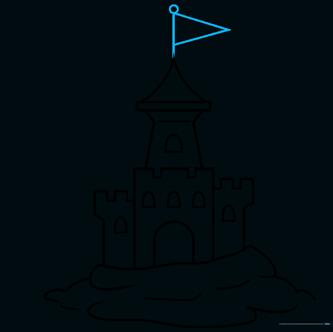 Drawing a flagpole with a triangular flag on top of the castle tower.