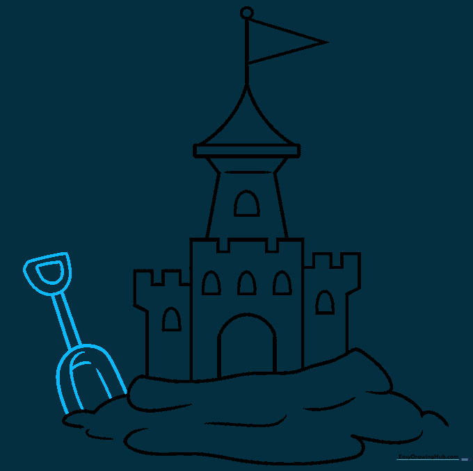 Drawing a small shovel with a U-shaped bowl next to the sand castle.