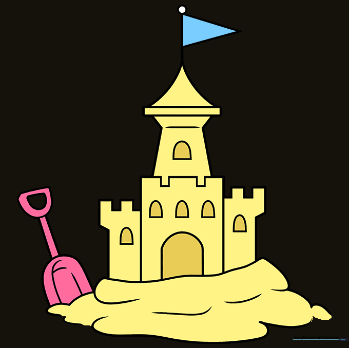 A finished, colored drawing of a sand castle with a shovel.