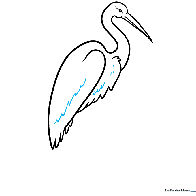 Adding texture to the crane's body with jagged, overlapping lines to represent feathers.