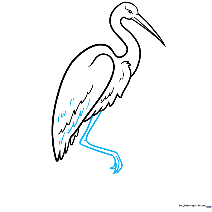 Drawing the first long, slender leg and sharp toes of the crane.